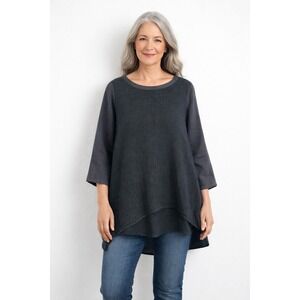 KHANGURA Linen Blend Tunic Top Size L‎ Black Lagenlook 3/4 Sleeve Oversized USA